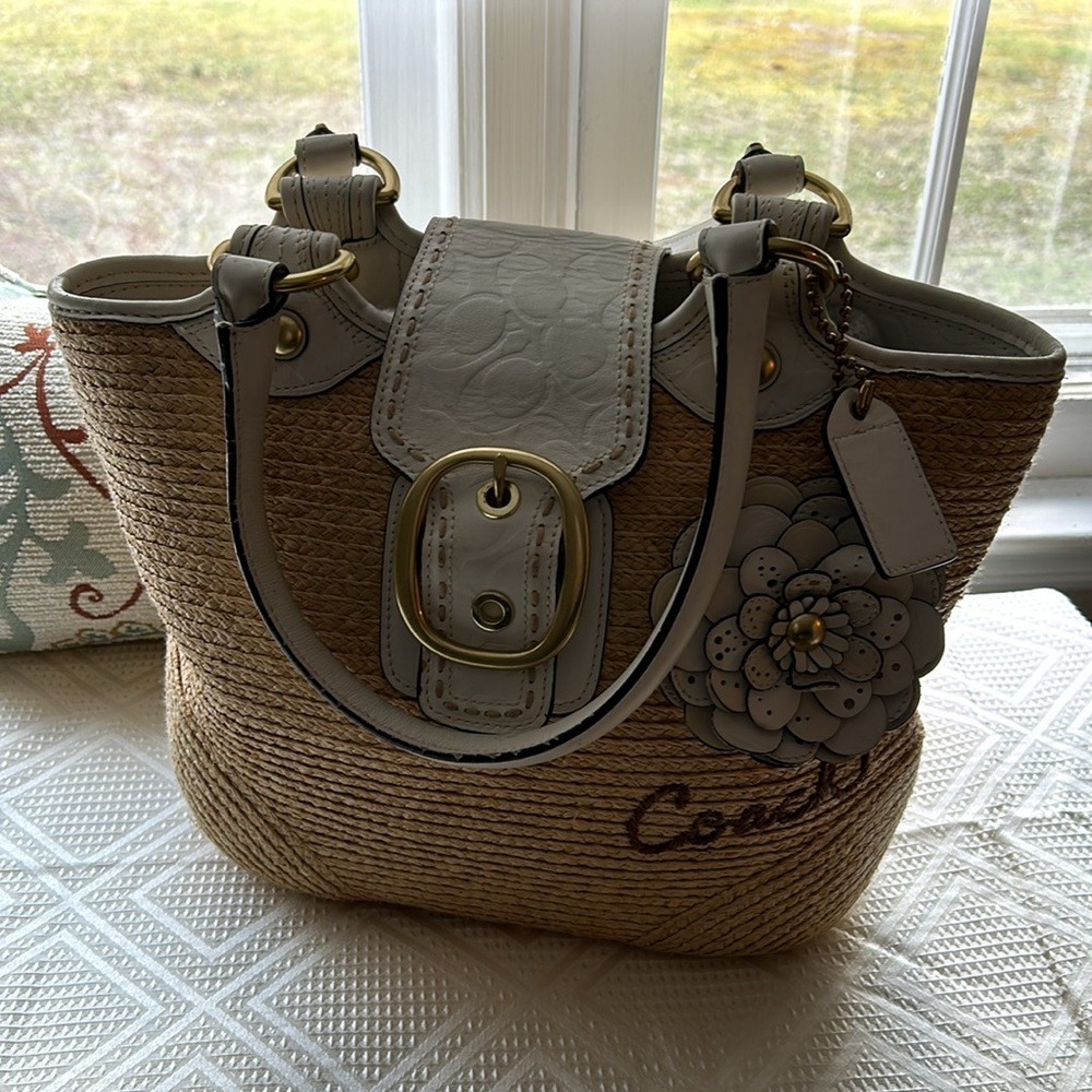 Coach Straw Tote with White Leather Trim and Floral Charm
